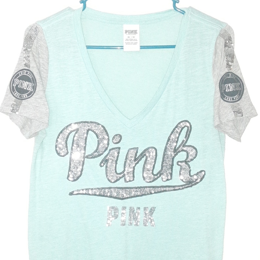 PINK Sequin Logo T-Shirt, Oversized fit XS